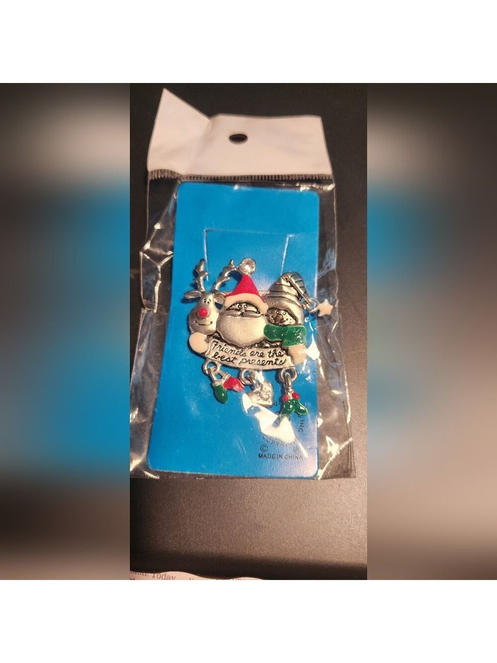NIP Vintage Pewter and Crystal Santa and Friends Christmas Holiday Charm Brooch